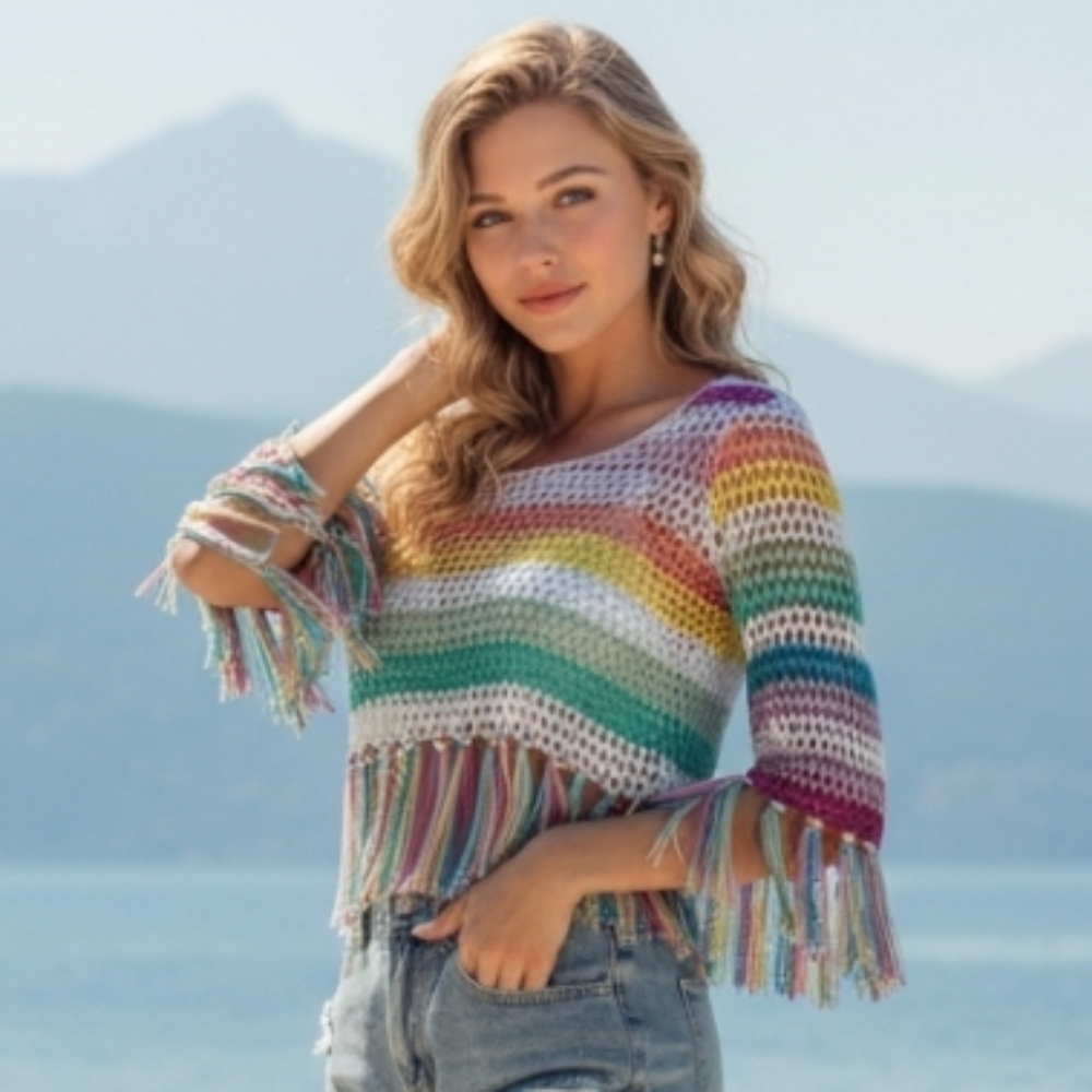 GYK Colorful Crochet Fringe Top Hollow Out Crochet Pullover Size Large